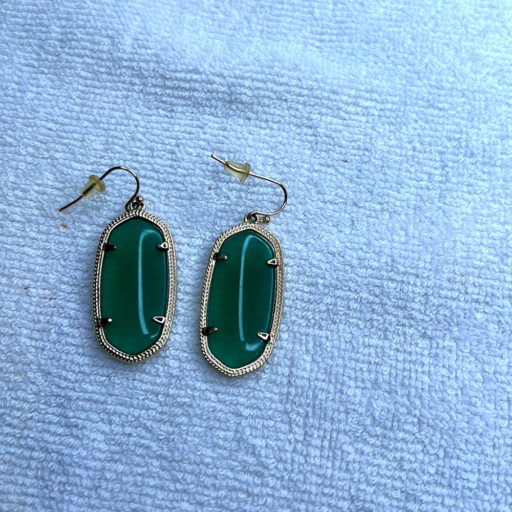 Kendra Scott earrings, green, and gold like new condition.